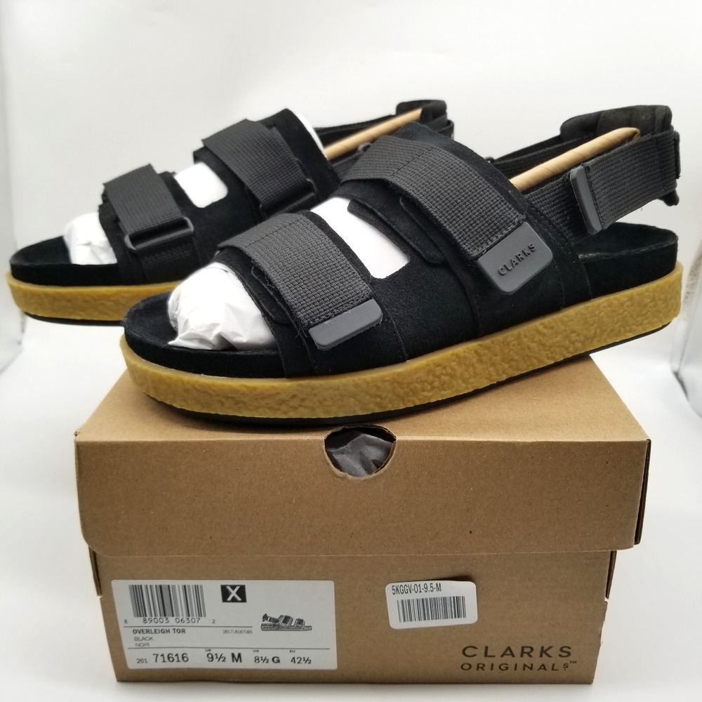 Clarks Men Overleigh Tor Sandals Sz 9.5 Black Suede Summer Adjustable Straps